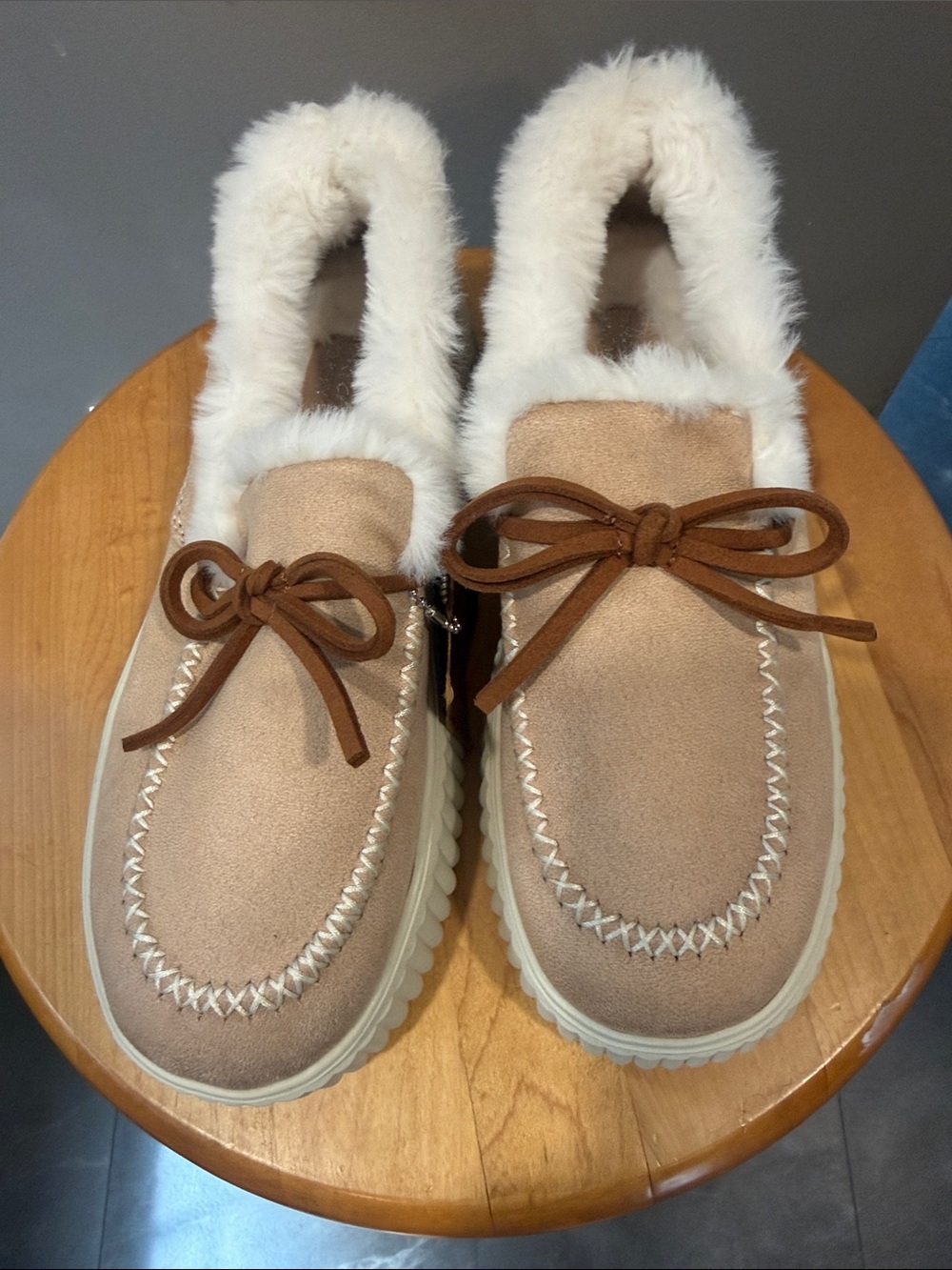 Skechers Faux-Fur Lined Moccasin Slippers in Taupe